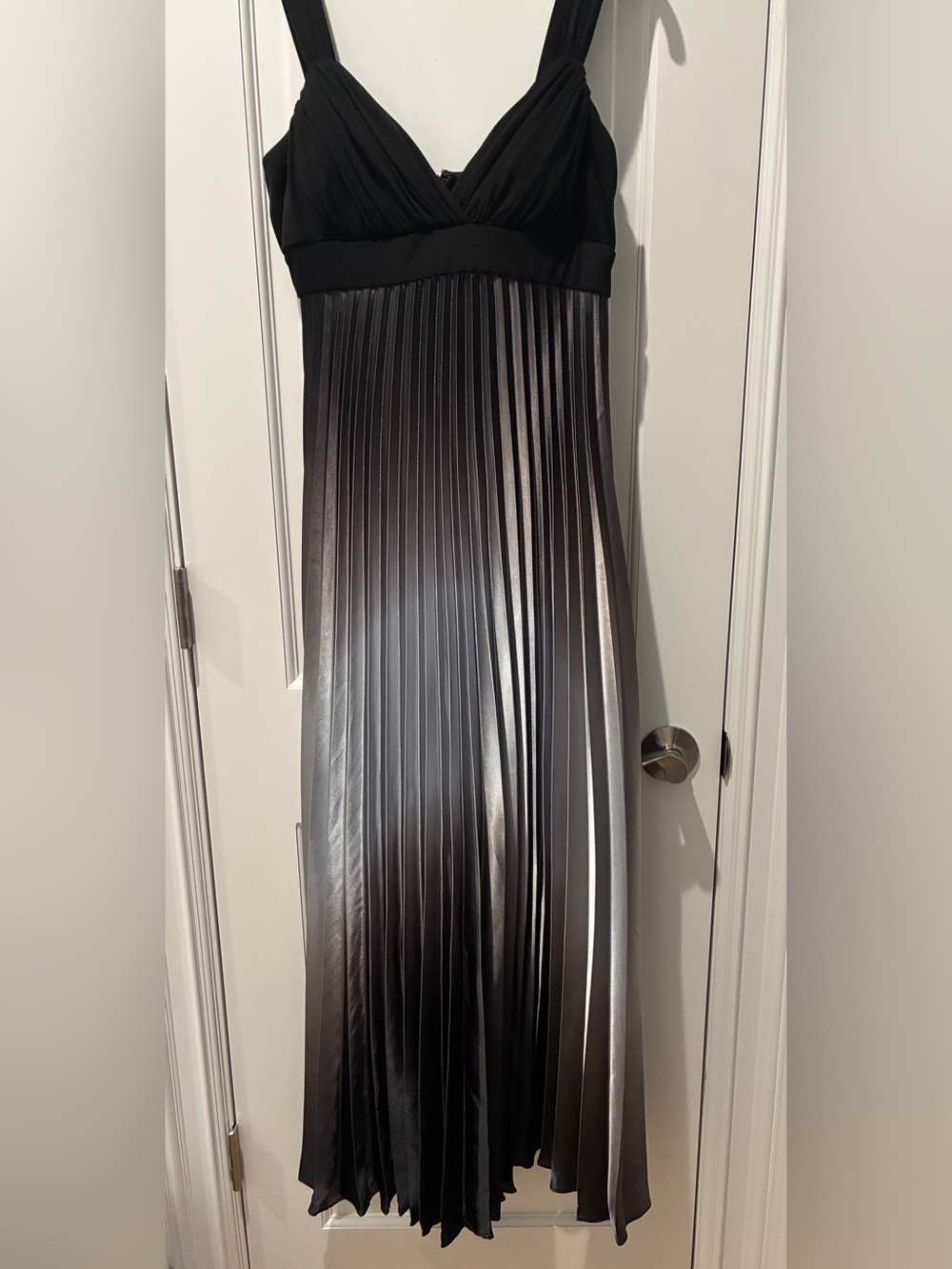 Betsy & Adam Black to Silver Ombre Pleated Maxi dress
